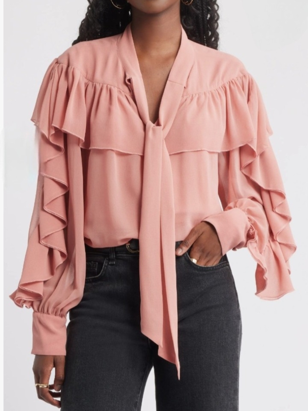 Treasure & Bond Dusty Rose Tie-Neck Ruffle Blouse